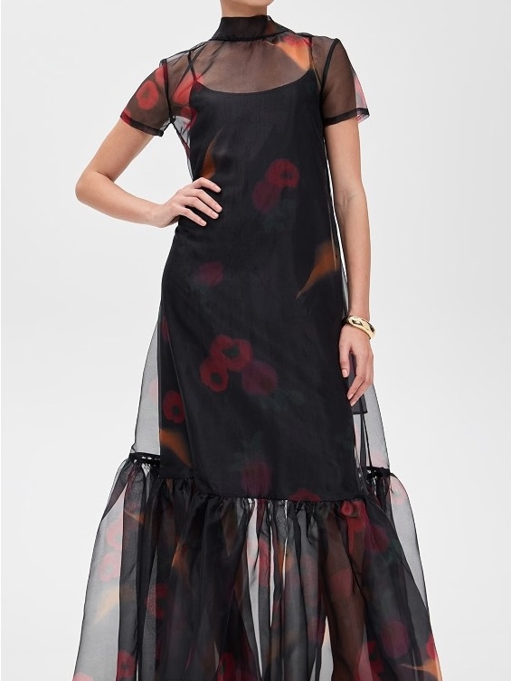 STAUD Black Sheer Floral Maxi Dress with Red and Orange Accents